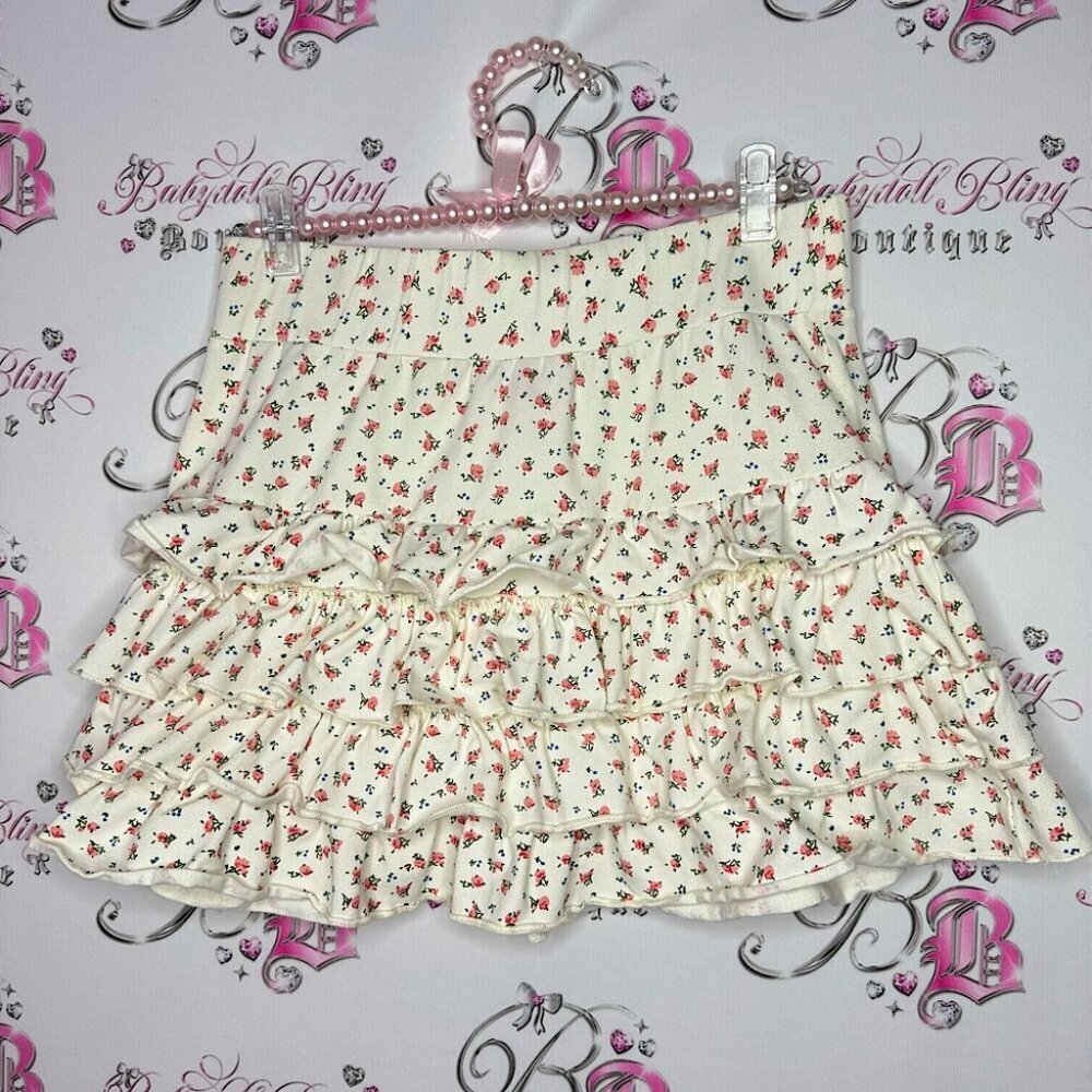 Betsy Johnson skirt ruffle frilly tiered mini skirt white cream pink florals